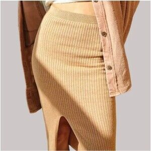 Free People Womens Pencil Skirt Size Large Carmel Heather Split Front Ribbed NEW